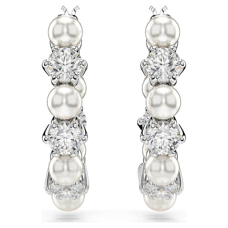 Matrix hoop earrings, Crystal pearl, Round cut, White, Rhodium plated by SWAROVSKI