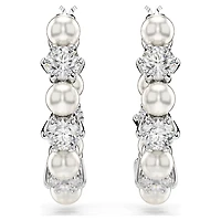 Matrix hoop earrings, Crystal pearl, Round cut, White, Rhodium plated by SWAROVSKI