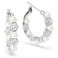 Matrix hoop earrings, Crystal pearl, Round cut, White, Rhodium plated by SWAROVSKI