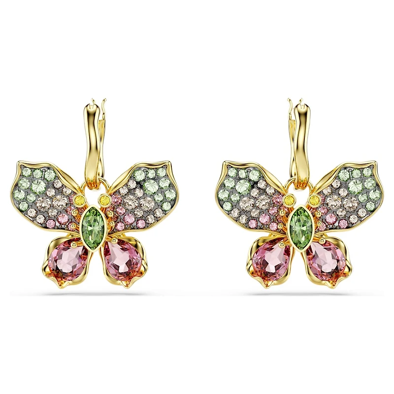 Idyllia drop earrings, Mixed cuts, Pavé, Butterfly, Multicoloured, Gold-tone plated by SWAROVSKI