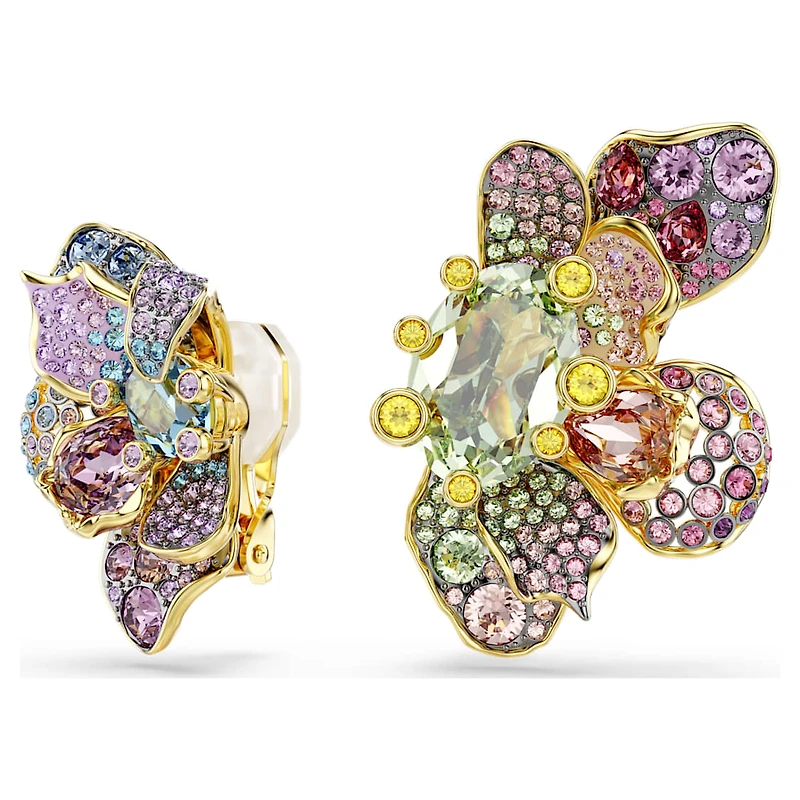 Idyllia clip earrings, Asymmetrical design, Mixed cuts, Pavé, Flower, Multicoloured, Gold-tone plated by SWAROVSKI