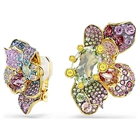 Idyllia clip earrings, Asymmetrical design, Mixed cuts, Pavé, Flower, Multicoloured, Gold-tone plated by SWAROVSKI