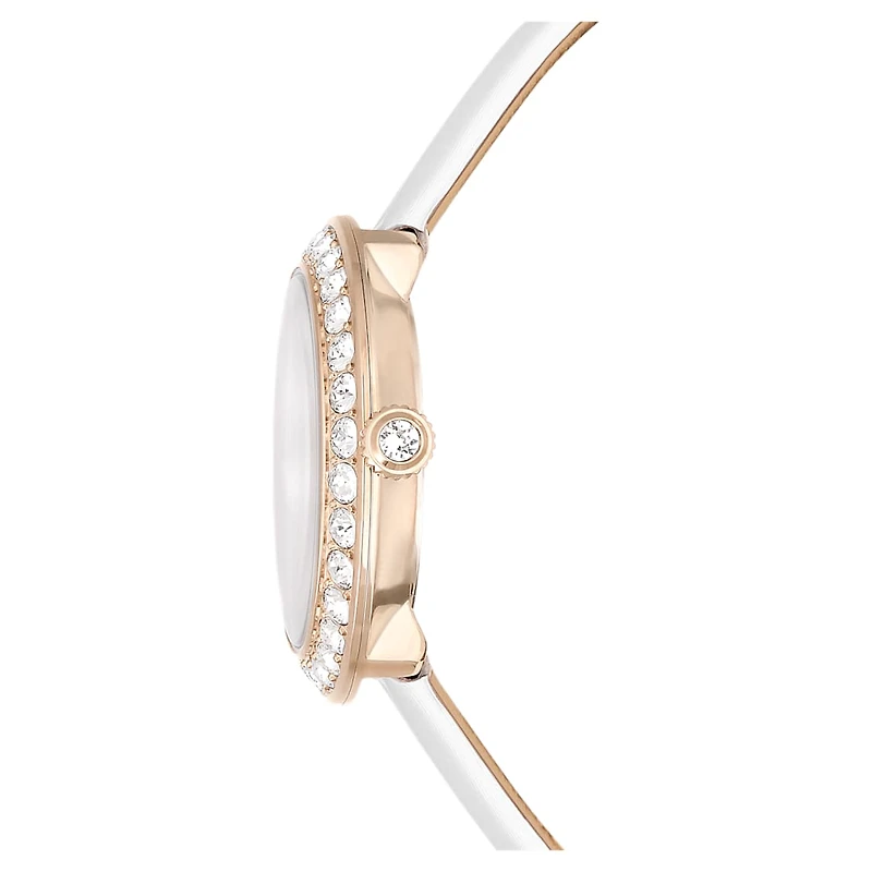 Matrix tennis watch, Swiss Made, Leather strap, White, Champagne gold-tone finish by SWAROVSKI