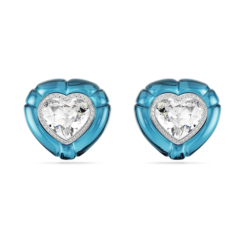 Dulcis clip earrings, Heart cut, Pavé, Heart, Blue, Rhodium plated by SWAROVSKI