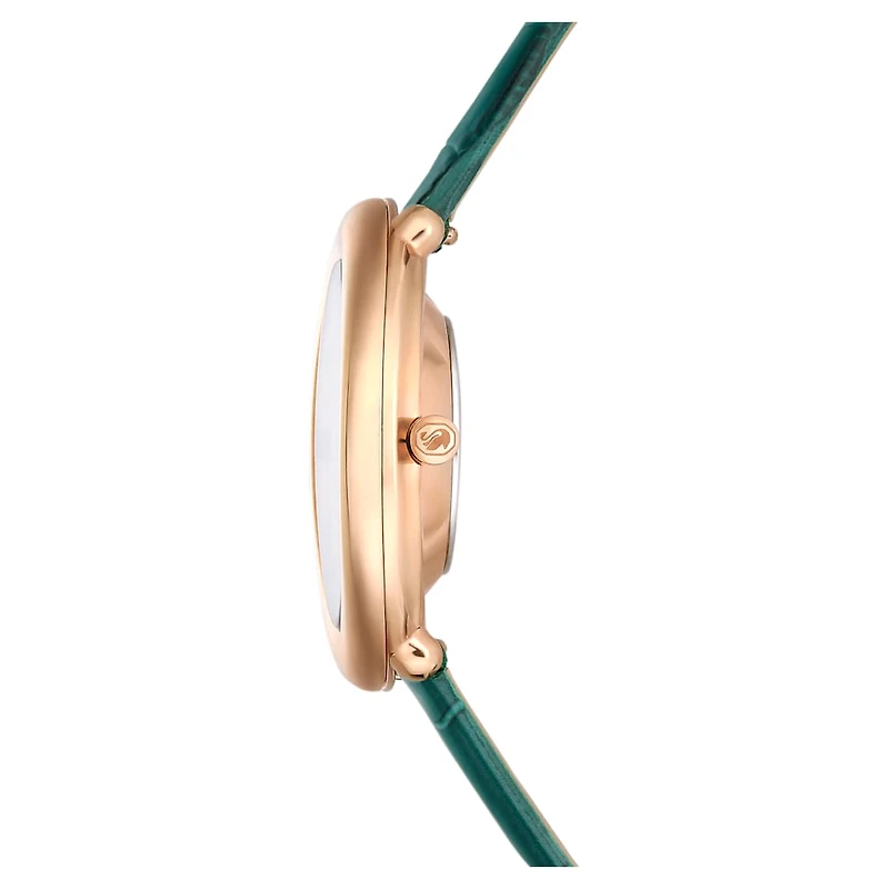 Imber oval watch, Swiss Made, Leather strap, Green, Rose gold-tone finish by SWAROVSKI