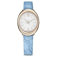 Imber oval watch, Swiss Made, Leather strap, Blue, Champagne gold-tone finish by SWAROVSKI
