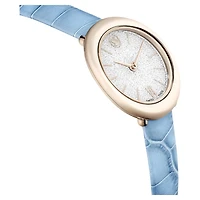 Imber oval watch, Swiss Made, Leather strap, Blue, Champagne gold-tone finish by SWAROVSKI