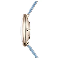 Imber oval watch, Swiss Made, Leather strap, Blue, Champagne gold-tone finish by SWAROVSKI