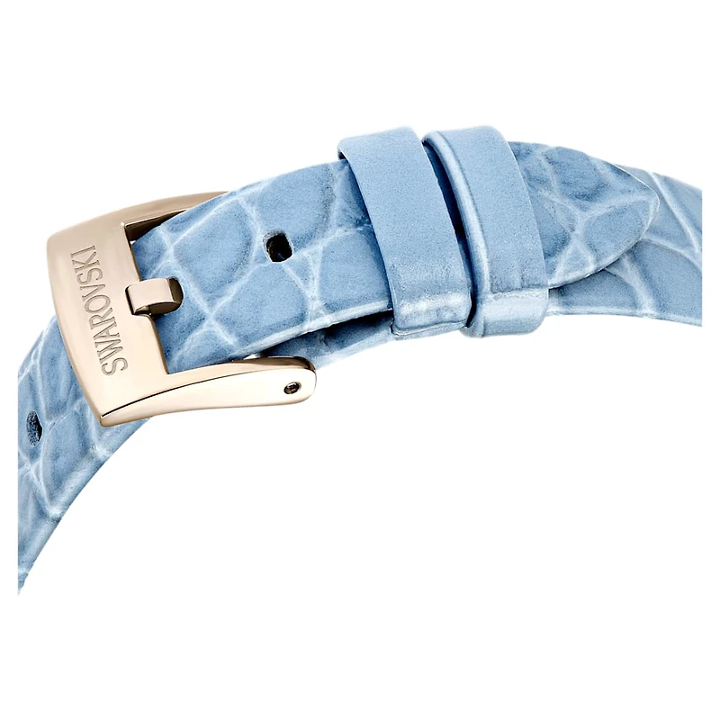 Imber oval watch, Swiss Made, Leather strap, Blue, Champagne gold-tone finish by SWAROVSKI