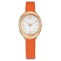 Imber oval watch, Swiss Made, Leather strap, Orange, Rose gold-tone finish by SWAROVSKI