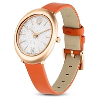 Imber oval watch, Swiss Made, Leather strap, Orange, Rose gold-tone finish by SWAROVSKI