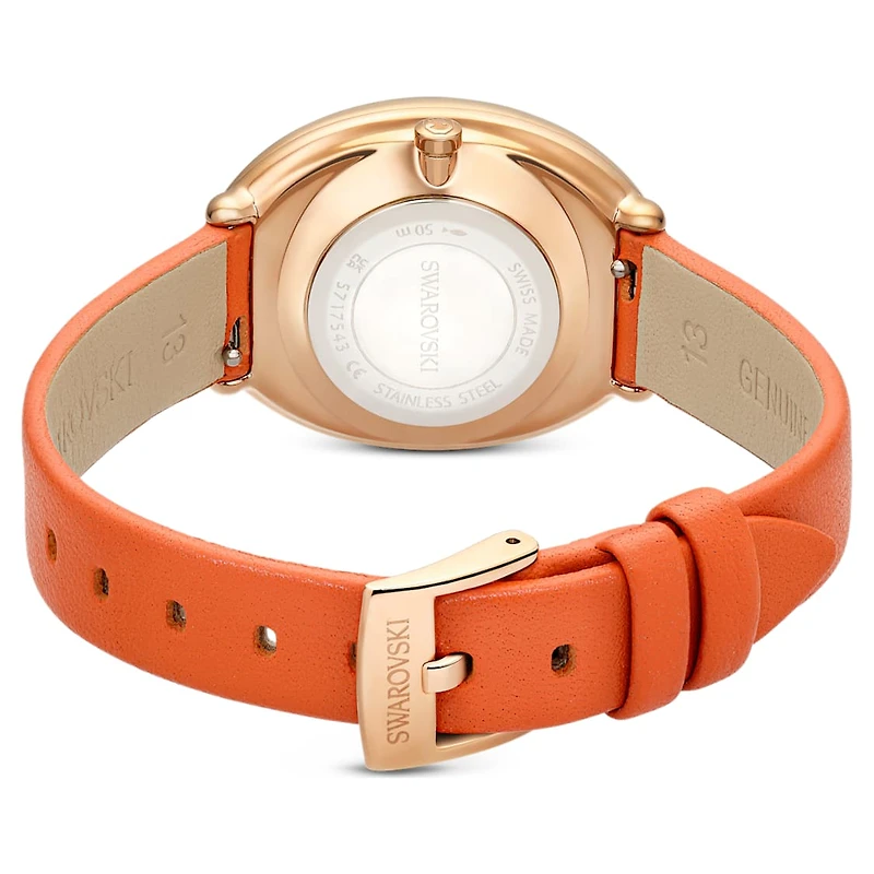 Imber oval watch, Swiss Made, Leather strap, Orange, Rose gold-tone finish by SWAROVSKI