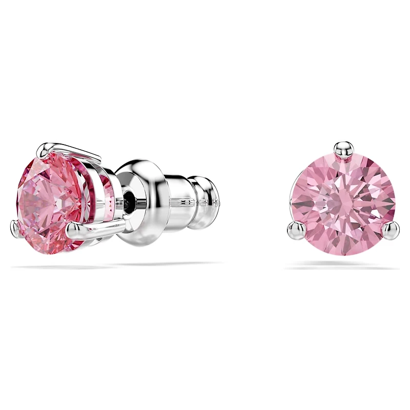 Solitaire stud earrings, Round cut, Pink, Rhodium plated by SWAROVSKI