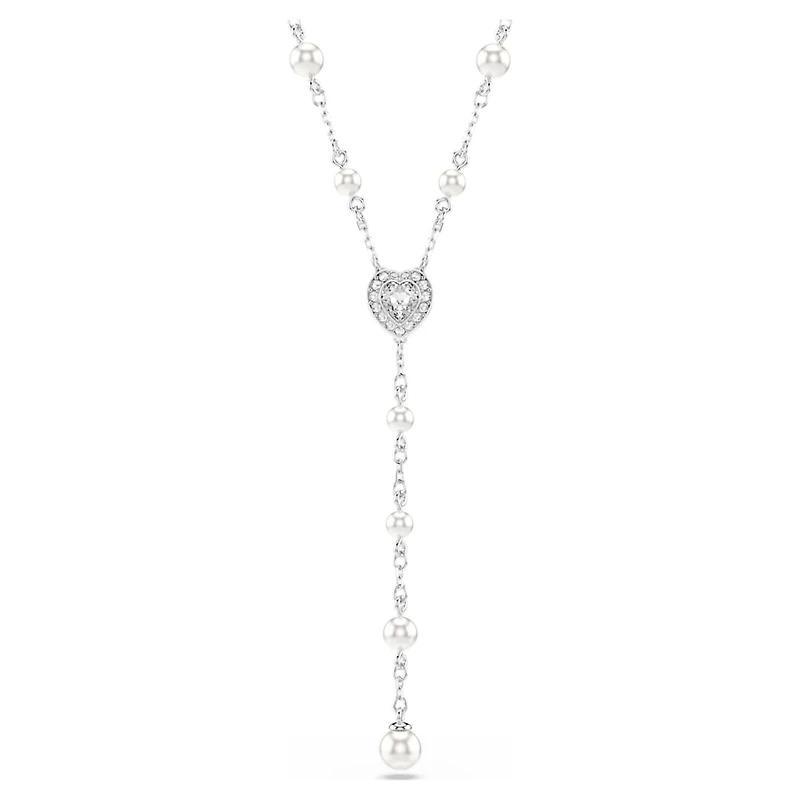 Ariana Grande x Swarovski Y necklace, Mixed cuts, Crystal pearl, Heart, White, Rhodium plated by SWAROVSKI