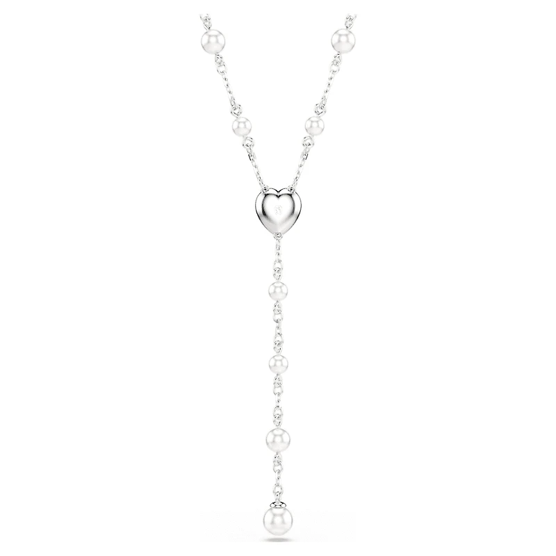 Ariana Grande x Swarovski Y necklace, Mixed cuts, Crystal pearl, Heart, White, Rhodium plated by SWAROVSKI