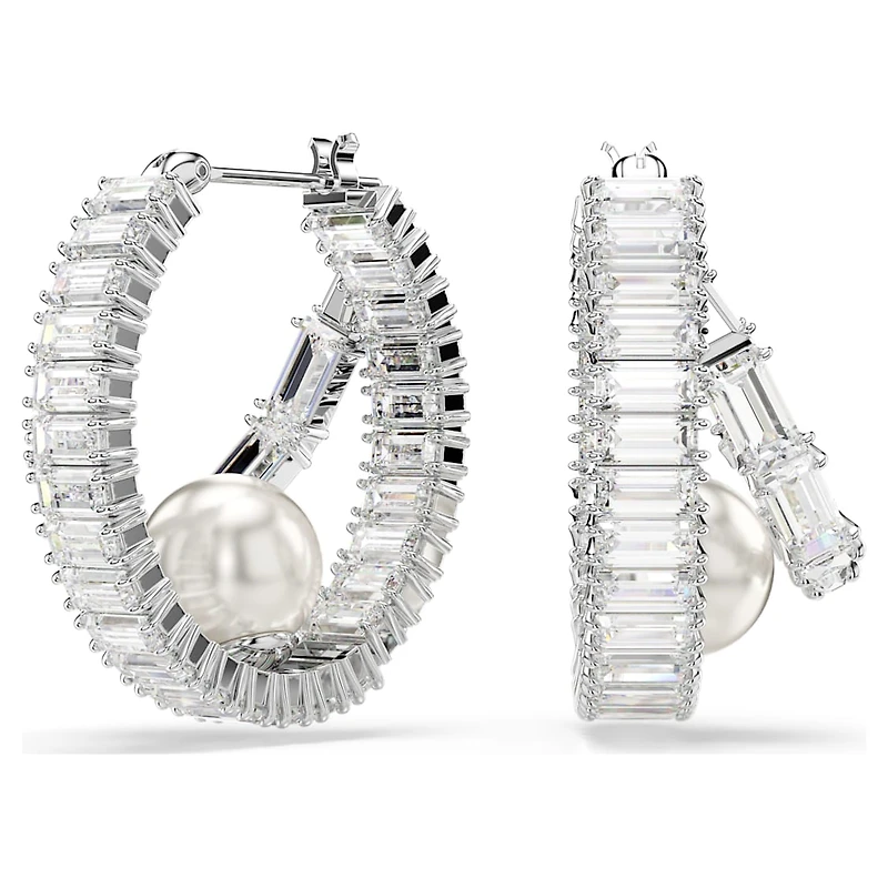 Ariana Grande x Swarovski hoop earrings, Crystal pearl, Baguette cut, White, Rhodium plated by SWAROVSKI