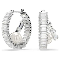 Ariana Grande x Swarovski hoop earrings, Crystal pearl, Baguette cut, White, Rhodium plated by SWAROVSKI