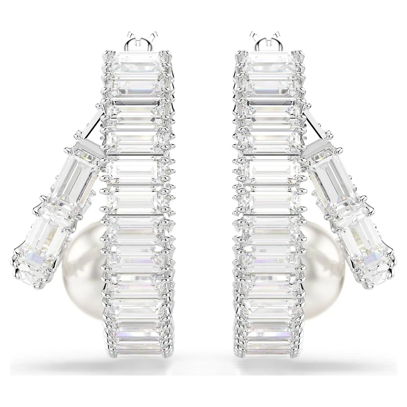 Ariana Grande x Swarovski hoop earrings, Crystal pearl, Baguette cut, White, Rhodium plated by SWAROVSKI
