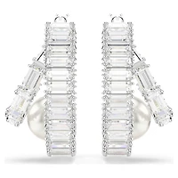 Ariana Grande x Swarovski hoop earrings, Crystal pearl, Baguette cut, White, Rhodium plated by SWAROVSKI