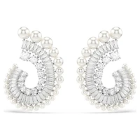 Ariana Grande x Swarovski drop earrings, Crystal Pearl, Mixed cuts, White, Rhodium plated by SWAROVSKI