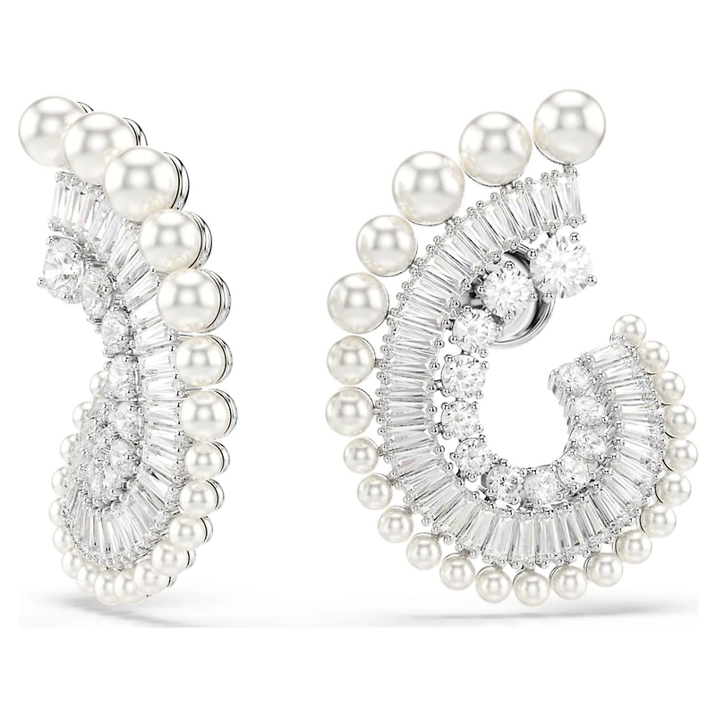 Ariana Grande x Swarovski drop earrings, Crystal Pearl, Mixed cuts, White, Rhodium plated by SWAROVSKI