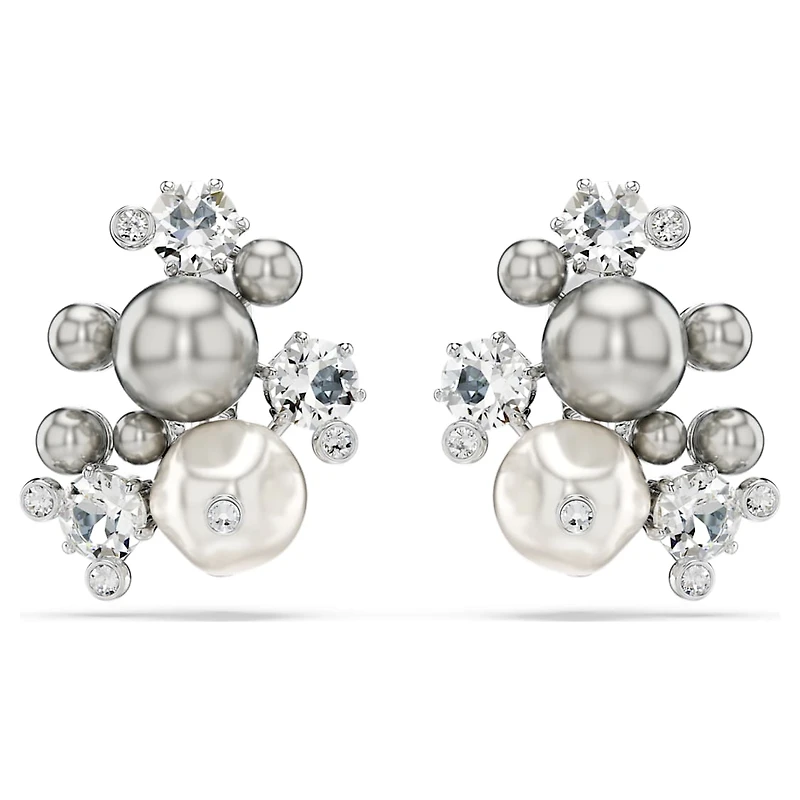 Constella earrings, Crystal pearl, Round cut, White, Rhodium plated by SWAROVSKI