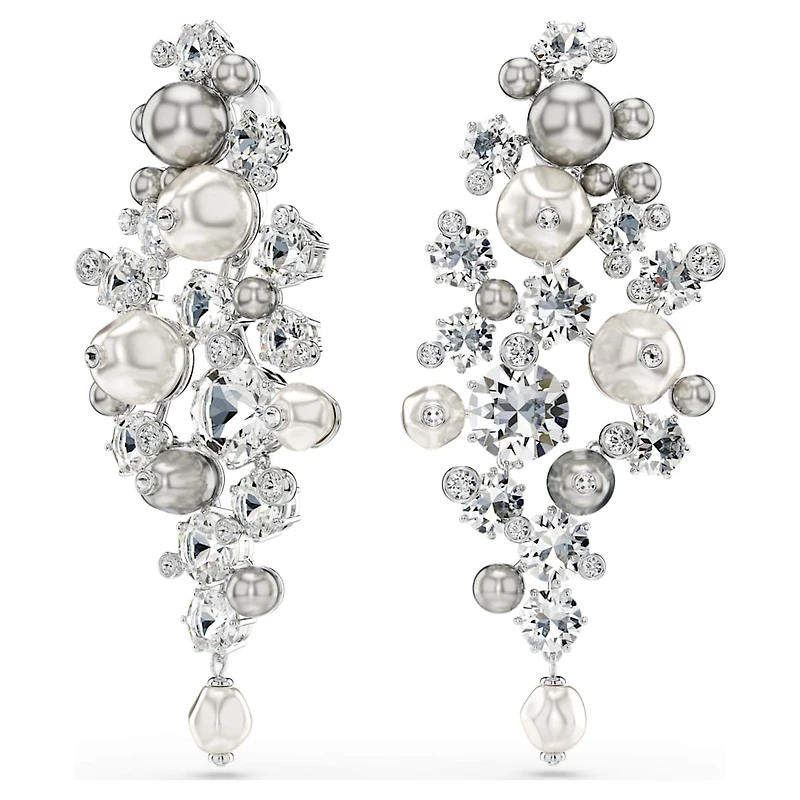 Constella earrings, Crystal pearl, Round cut, White, Rhodium plated by SWAROVSKI