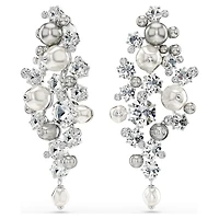 Constella earrings, Crystal pearl, Round cut, White, Rhodium plated by SWAROVSKI