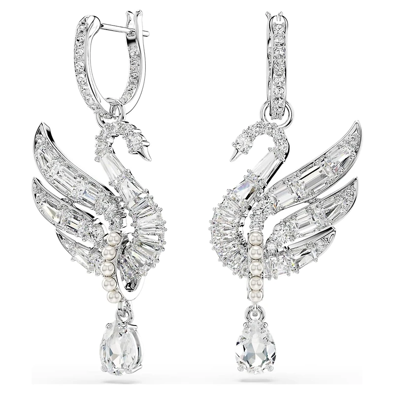 Swan earrings, Swan, White, Rhodium plated by SWAROVSKI