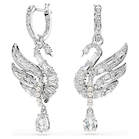 Swan earrings, Swan, White, Rhodium plated by SWAROVSKI