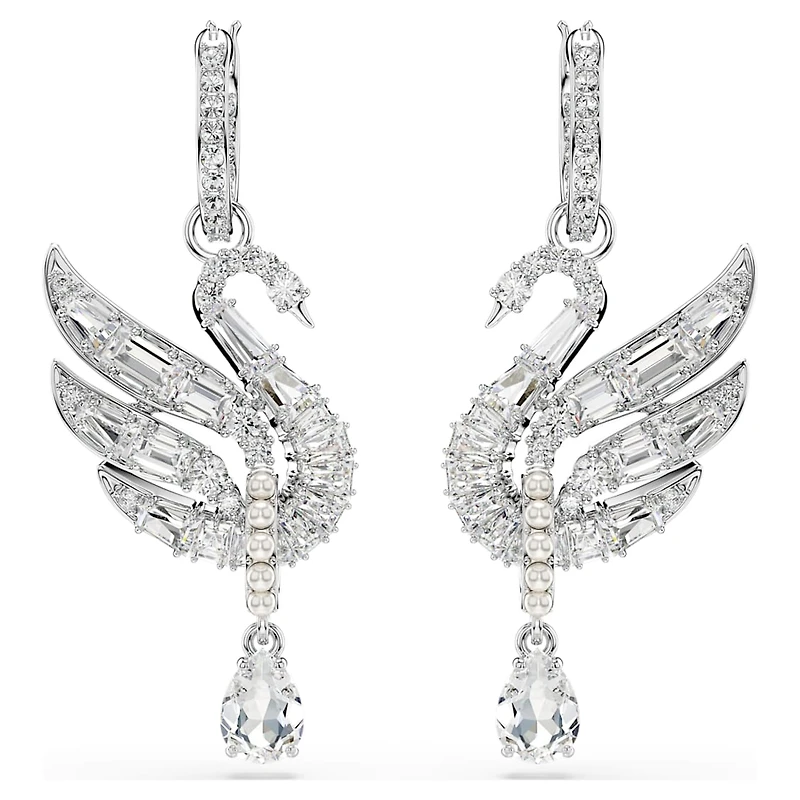 Swan earrings, Swan, White, Rhodium plated by SWAROVSKI