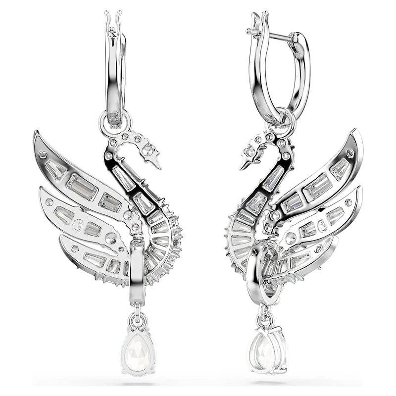 Swan earrings, Swan, White, Rhodium plated by SWAROVSKI