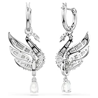 Swan earrings, Swan, White, Rhodium plated by SWAROVSKI