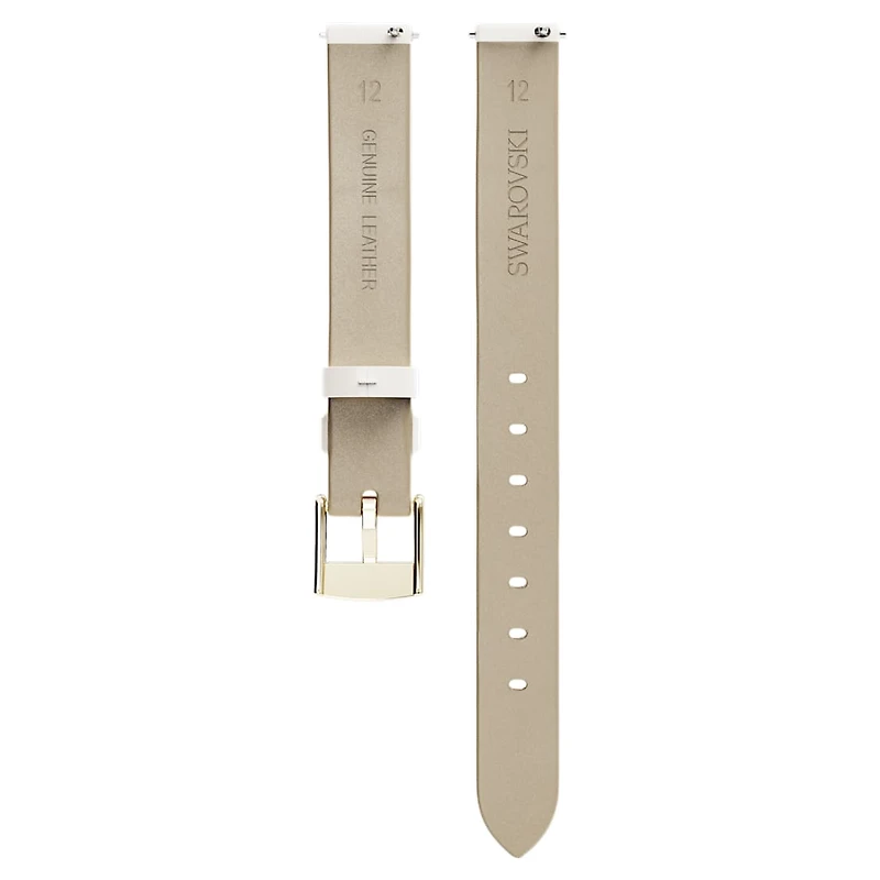 Watch strap, 12 mm (0.47") width, Leather, White, Champagne gold-tone finish by SWAROVSKI