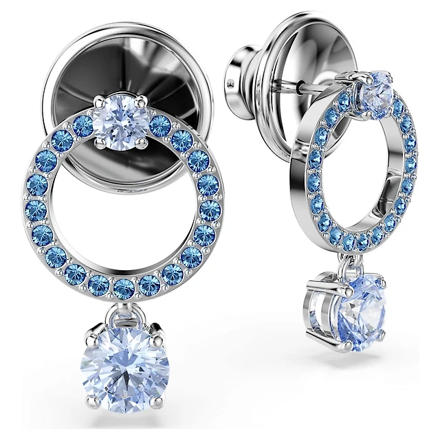 Swarovski Attract drop earrings, Round cut, Blue, Rhodium plated