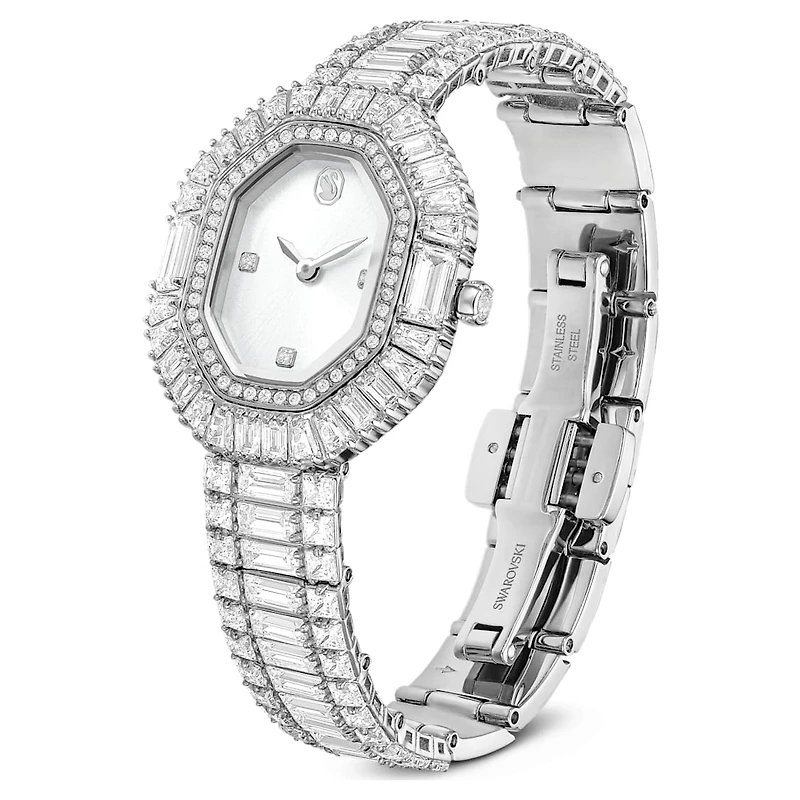 Matrix octagon watch, Baguette cut, Metal bracelet, Silver tone, Stainless steel by SWAROVSKI