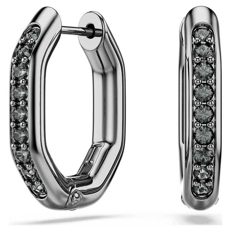 Dextera hoop earrings, Octagon shape, Round cut, Black, Ruthenium plated by SWAROVSKI
