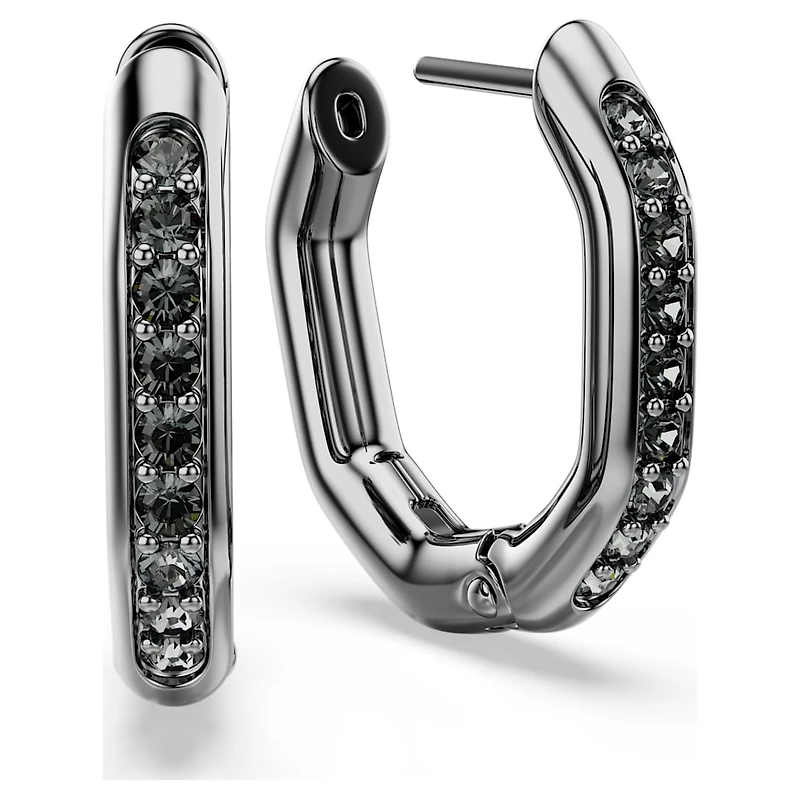 Dextera hoop earrings, Octagon shape, Round cut, Black, Ruthenium plated by SWAROVSKI