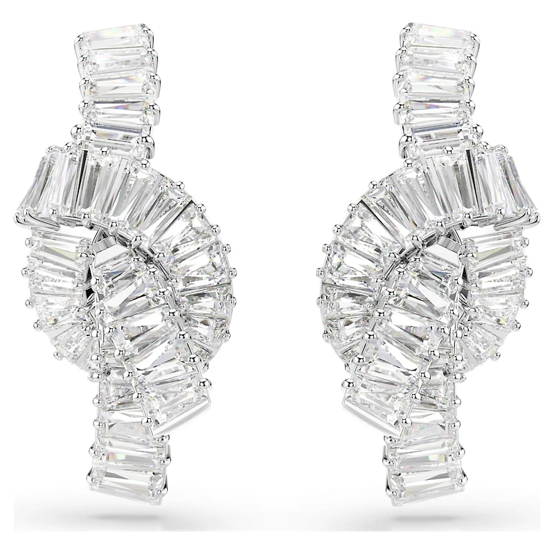 Matrix earrings, Baguette cut, Knot, White, Rhodium plated by SWAROVSKI