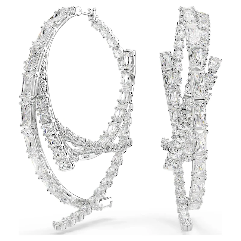 Matrix hoop earrings, Mixed cuts, White, Rhodium plated by SWAROVSKI