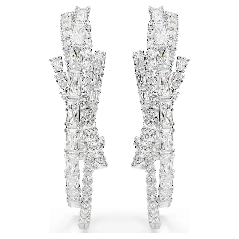 Matrix hoop earrings, Mixed cuts, White, Rhodium plated by SWAROVSKI