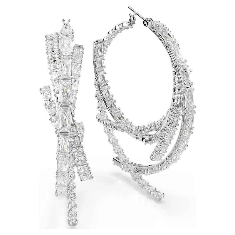 Matrix hoop earrings, Mixed cuts, White, Rhodium plated by SWAROVSKI