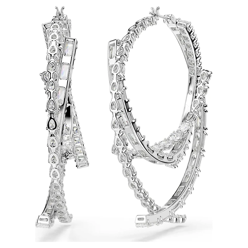 Matrix hoop earrings, Mixed cuts, White, Rhodium plated by SWAROVSKI
