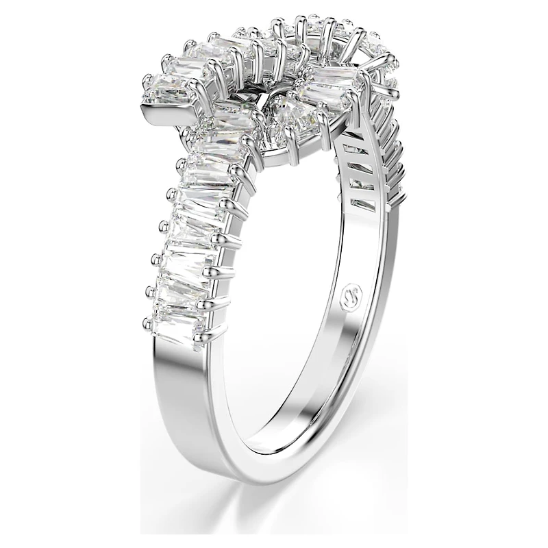 Matrix ring, Baguette cut, Knot, White, Rhodium plated by SWAROVSKI