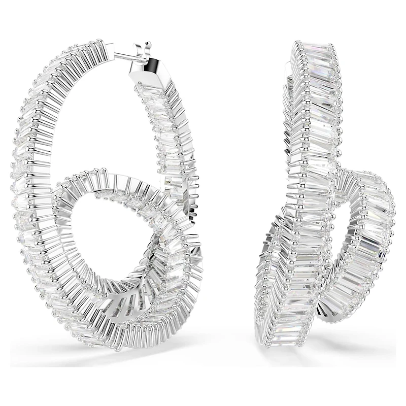 Matrix hoop earrings, Baguette cut, Ribbon, White, Rhodium plated by SWAROVSKI