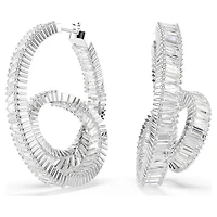 Matrix hoop earrings, Baguette cut, Ribbon, White, Rhodium plated by SWAROVSKI