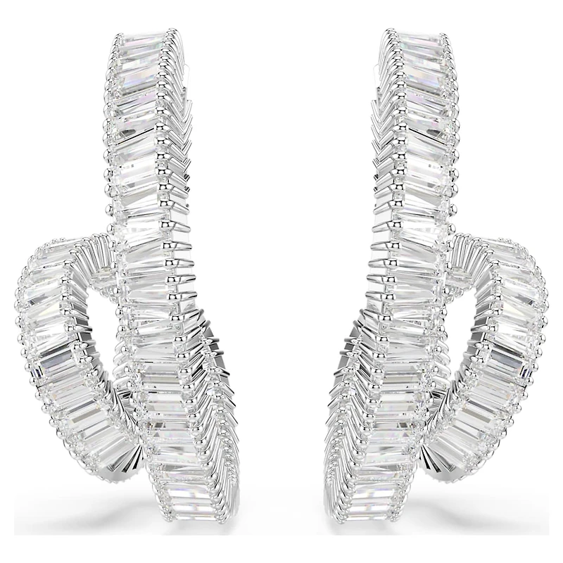 Matrix hoop earrings, Baguette cut, Ribbon, White, Rhodium plated by SWAROVSKI