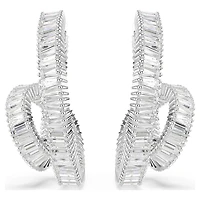 Matrix hoop earrings, Baguette cut, Ribbon, White, Rhodium plated by SWAROVSKI