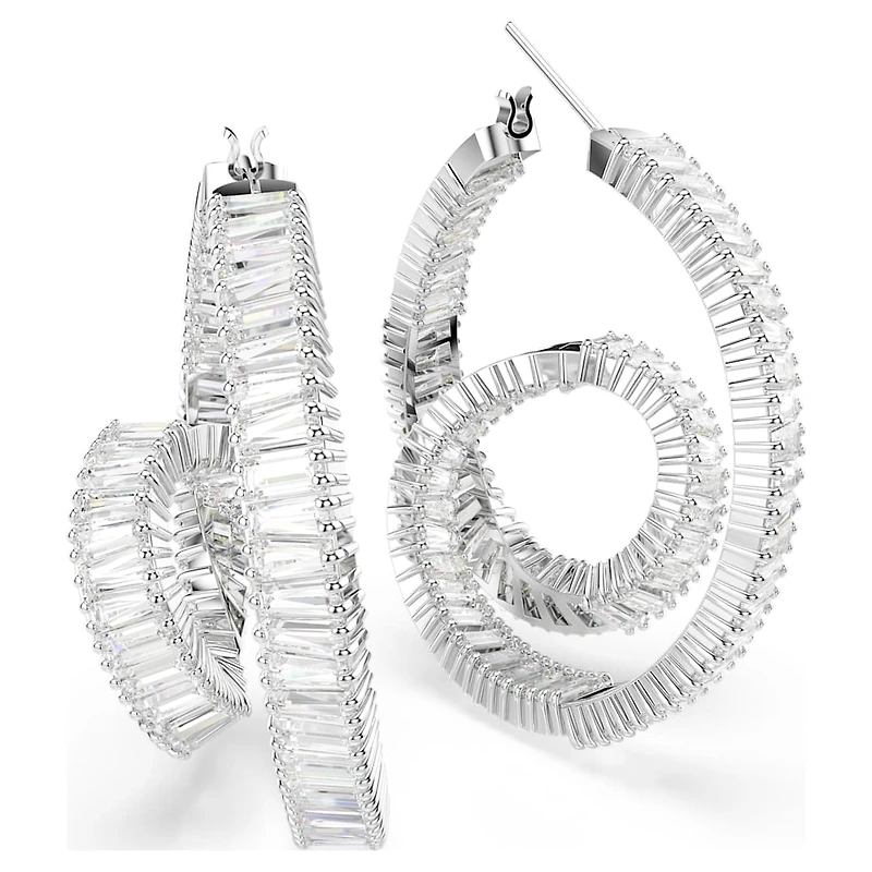 Matrix hoop earrings, Baguette cut, Ribbon, White, Rhodium plated by SWAROVSKI