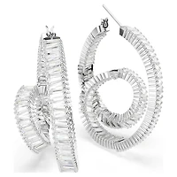 Matrix hoop earrings, Baguette cut, Ribbon, White, Rhodium plated by SWAROVSKI